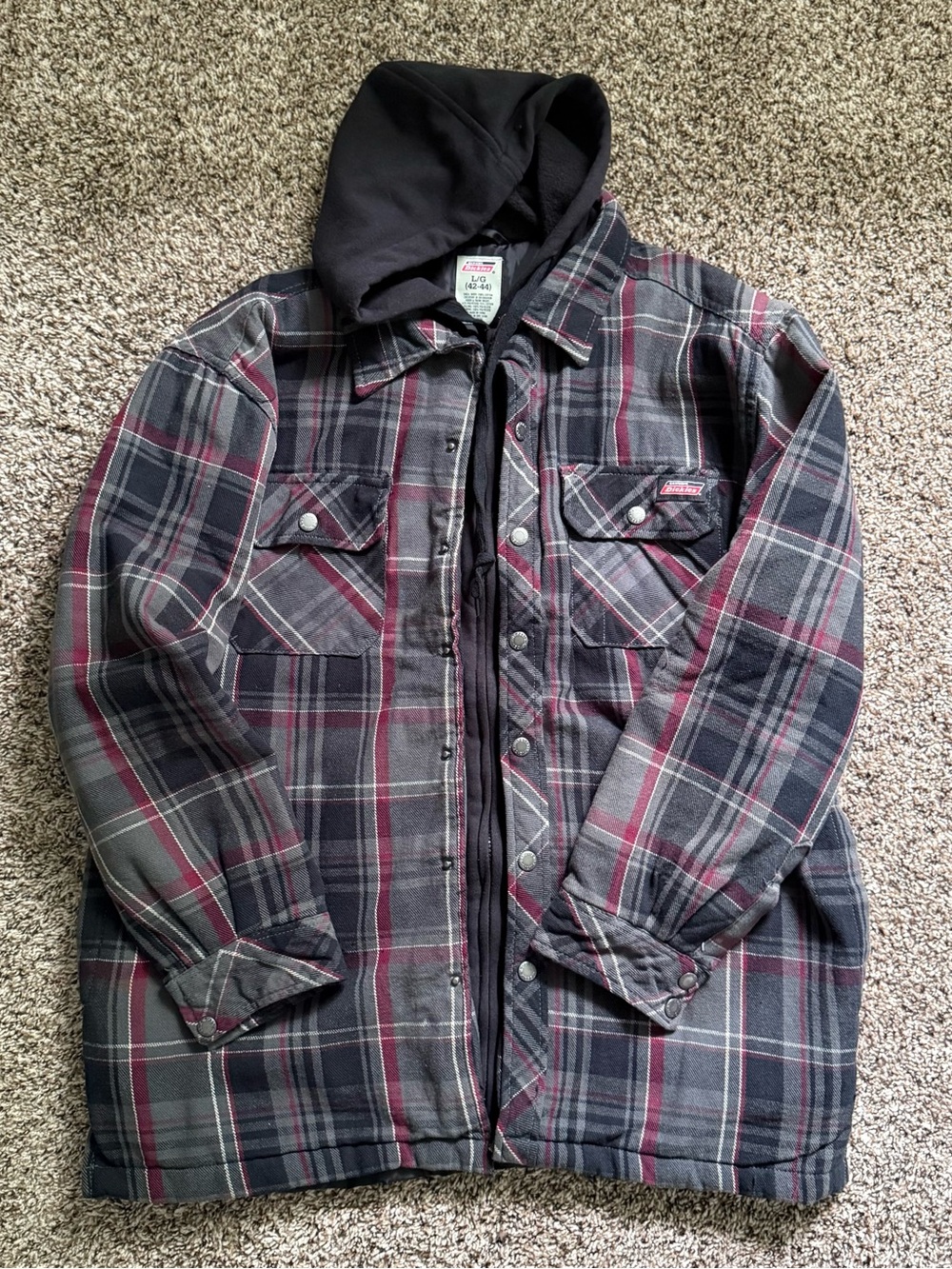Dickies Gray and Maroon Plaid Button-Up Jacket with Hood